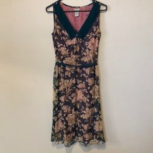 Floral, blue, flowy silk dress from Anthropologie.